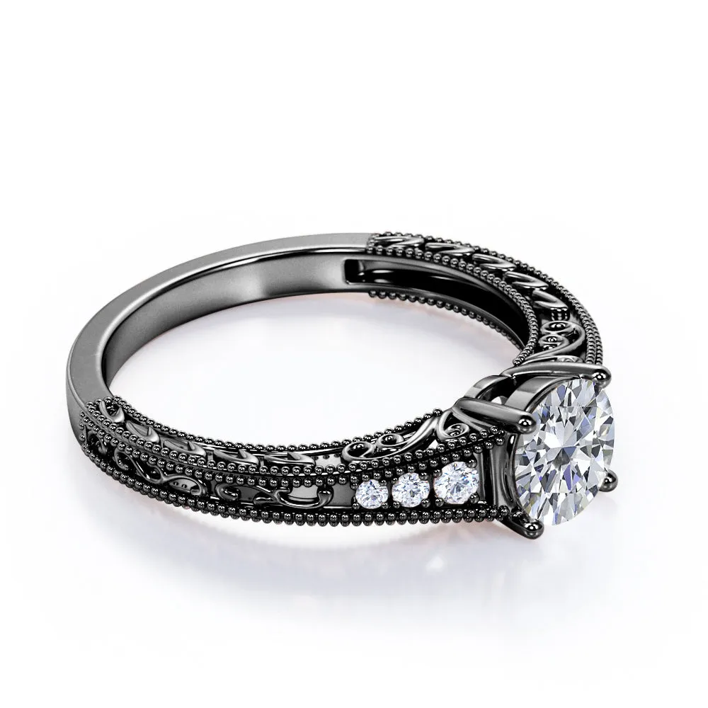 Vintage Tapered style 1.1 carat Round cut Moissanite and diamond Edwardian filigree engagement ring in rose gold
