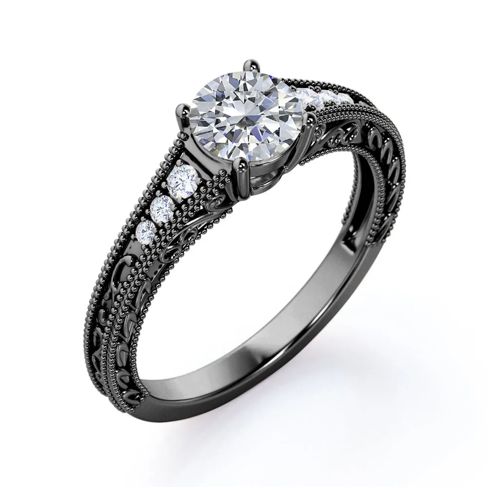 Vintage Tapered style 1.1 carat Round cut Moissanite and diamond Edwardian filigree engagement ring in rose gold