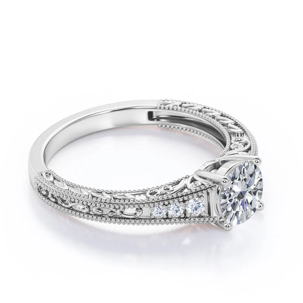 Vintage Tapered style 1.1 carat Round cut Moissanite and diamond Edwardian filigree engagement ring in rose gold