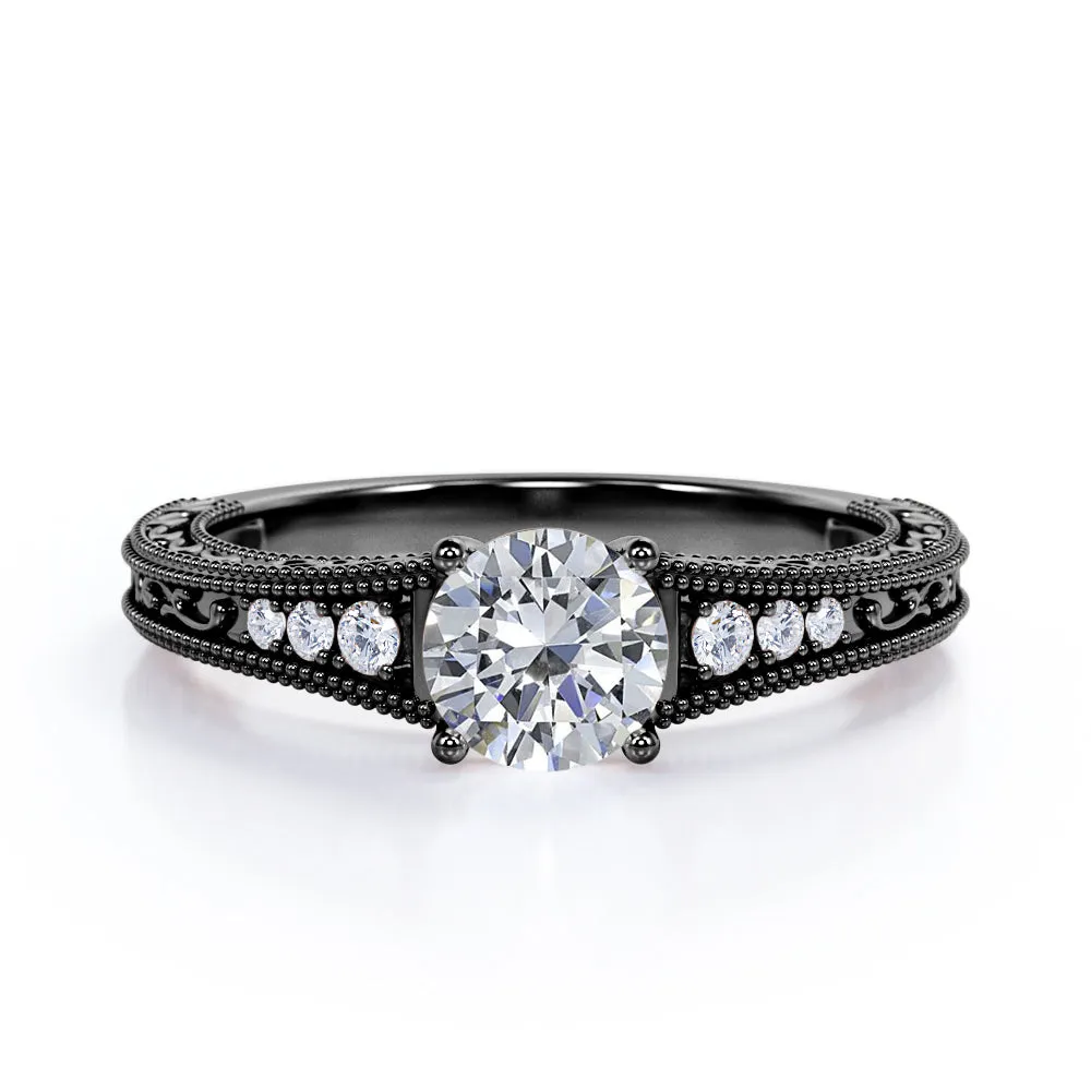 Vintage Tapered style 1.1 carat Round cut Moissanite and diamond Edwardian filigree engagement ring in rose gold