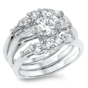 White CZ Unique Polished Wedding Ring Set .925 Sterling Silver Band Sizes 5-10