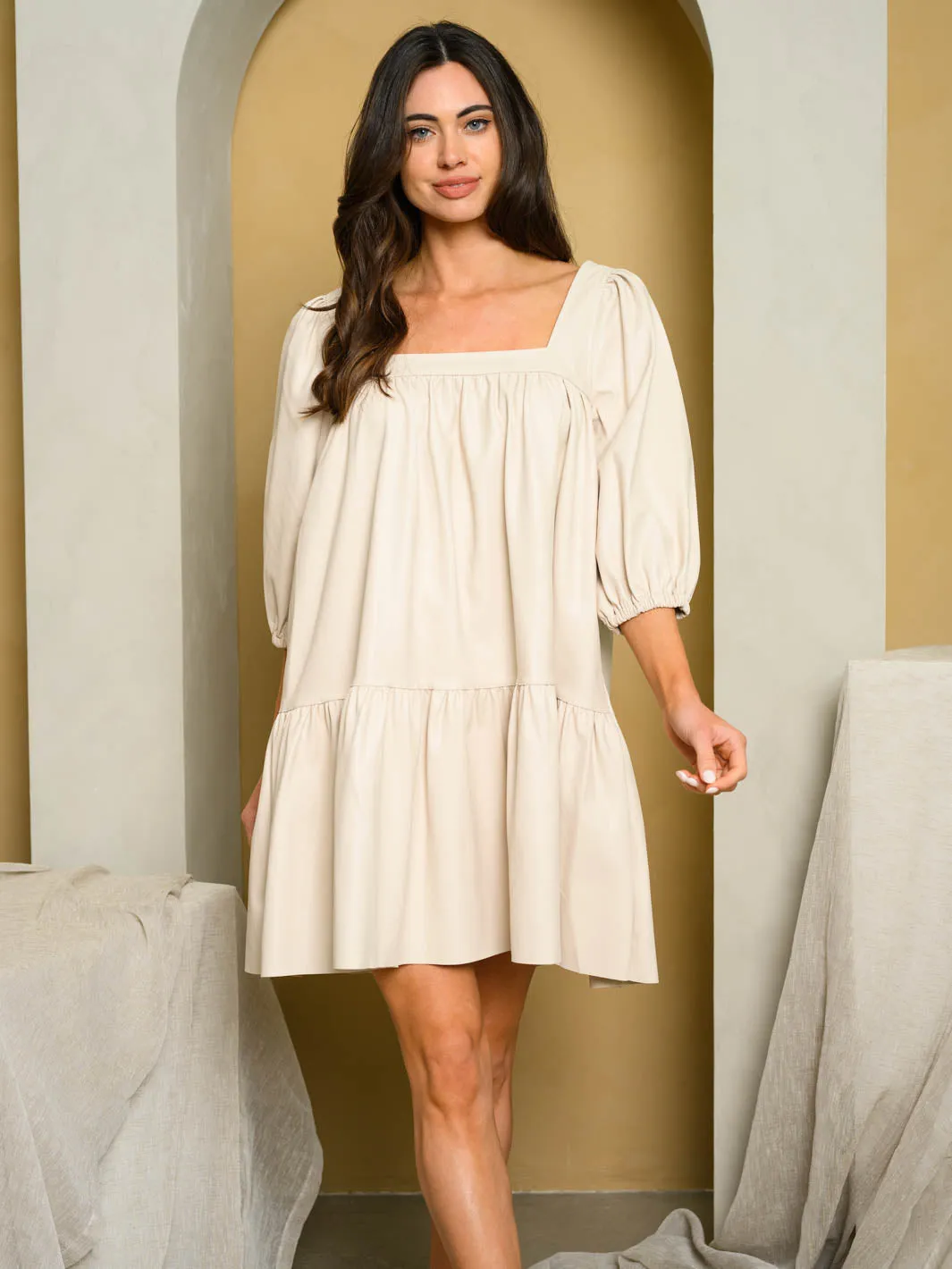 WOMEN'S 3/4 PUFF SLEEVE TIERED VEGAN LEATHER MINI DRESS