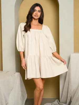 WOMEN'S 3/4 PUFF SLEEVE TIERED VEGAN LEATHER MINI DRESS