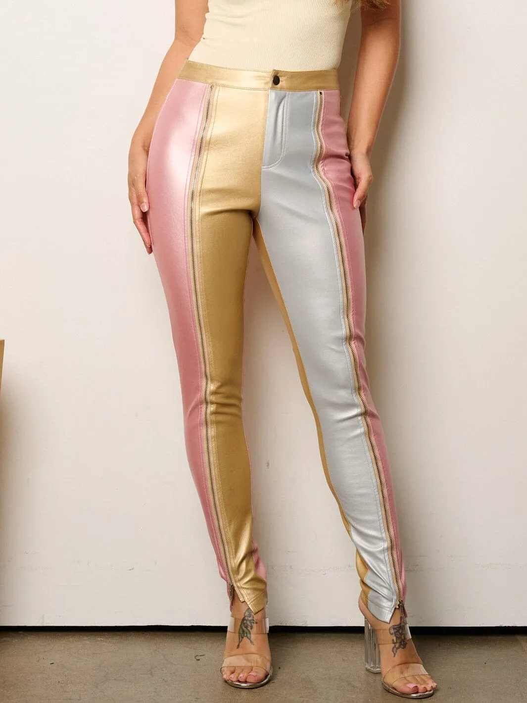 WOMEN'S BUTTON CLOSURE COLORBLOCK ZIPPER PU PLEATHER PANTS