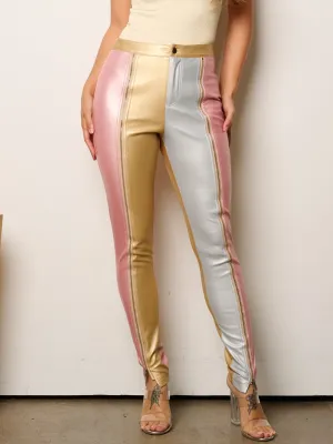 WOMEN'S BUTTON CLOSURE COLORBLOCK ZIPPER PU PLEATHER PANTS