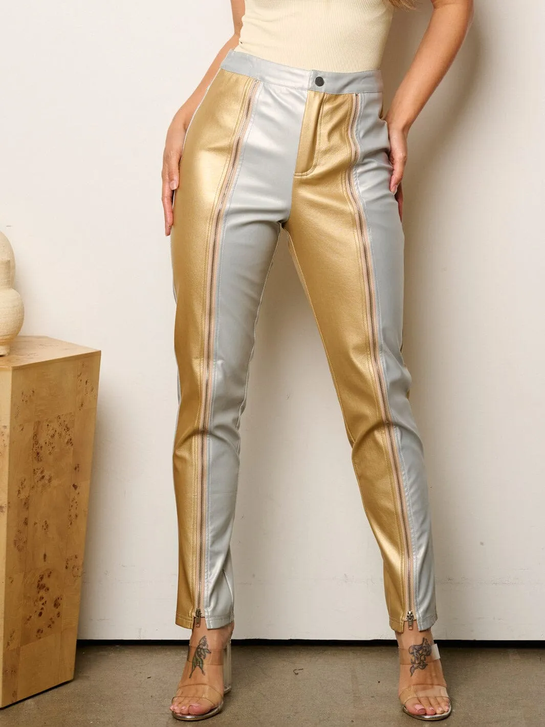 WOMEN'S BUTTON CLOSURE COLORBLOCK ZIPPER PU PLEATHER PANTS