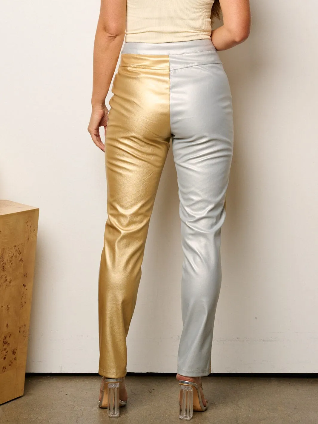 WOMEN'S BUTTON CLOSURE COLORBLOCK ZIPPER PU PLEATHER PANTS