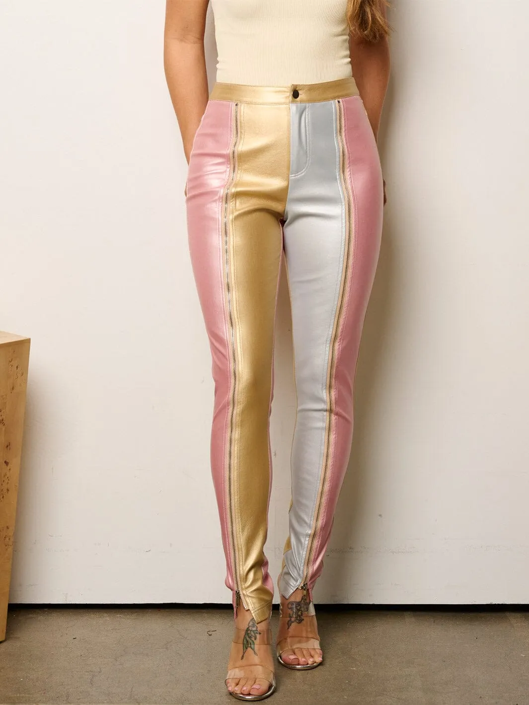 WOMEN'S BUTTON CLOSURE COLORBLOCK ZIPPER PU PLEATHER PANTS