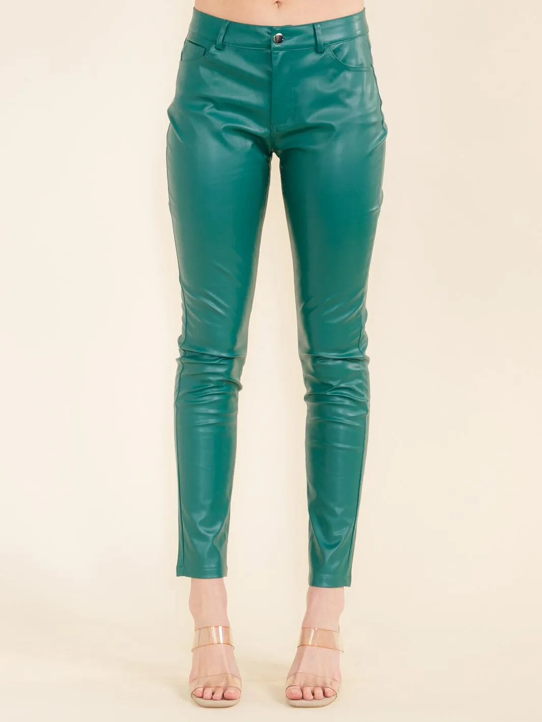 WOMEN'S BUTTON CLOSURE POCKETS PU PLEATHER SKINNY PANTS