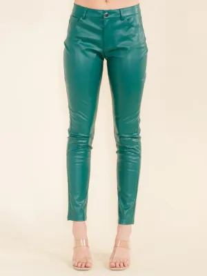 WOMEN'S BUTTON CLOSURE POCKETS PU PLEATHER SKINNY PANTS