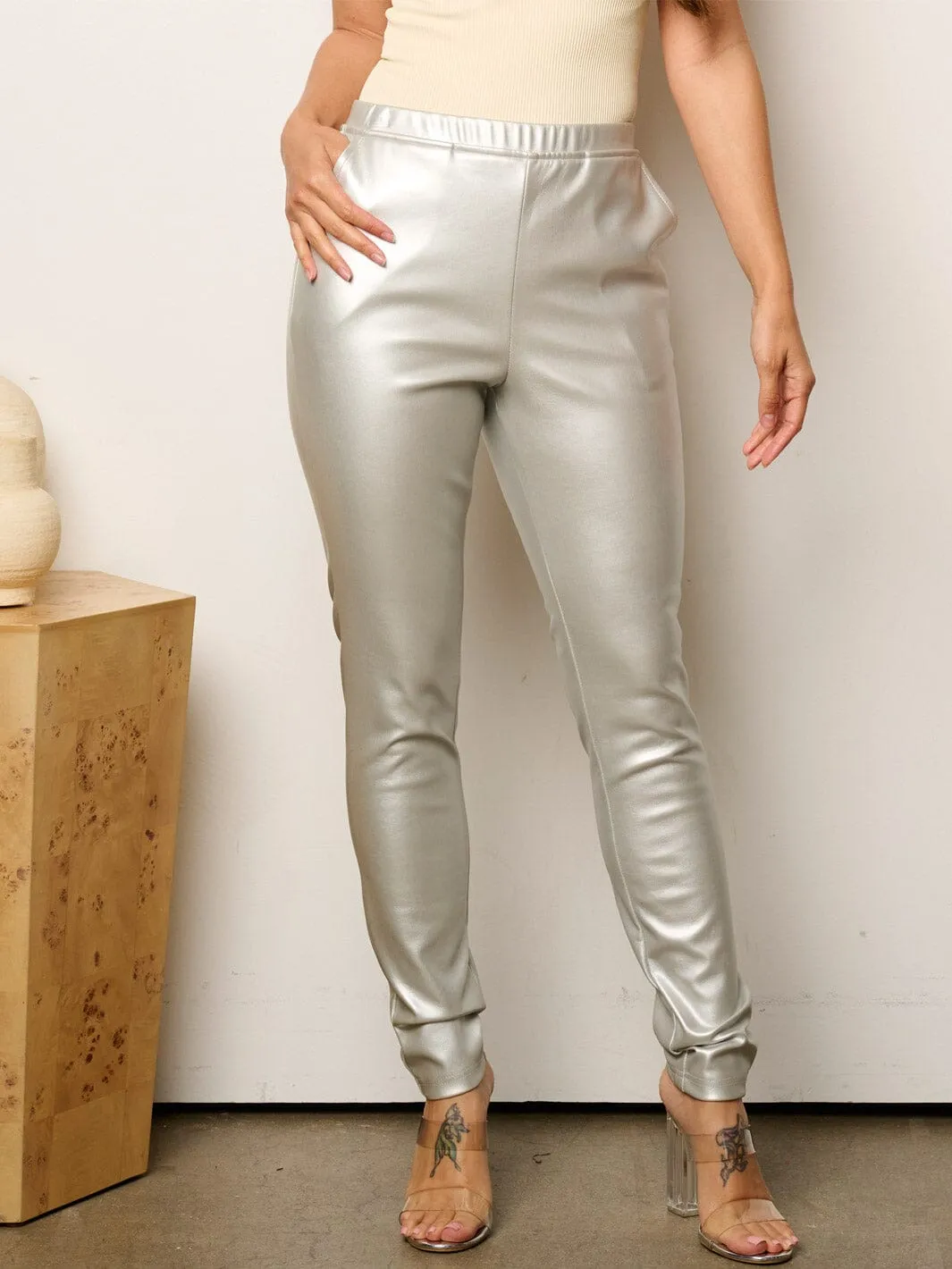 WOMEN'S ELASTIC WAIST POCKETS PU PLEATHER SKINNY PANTS