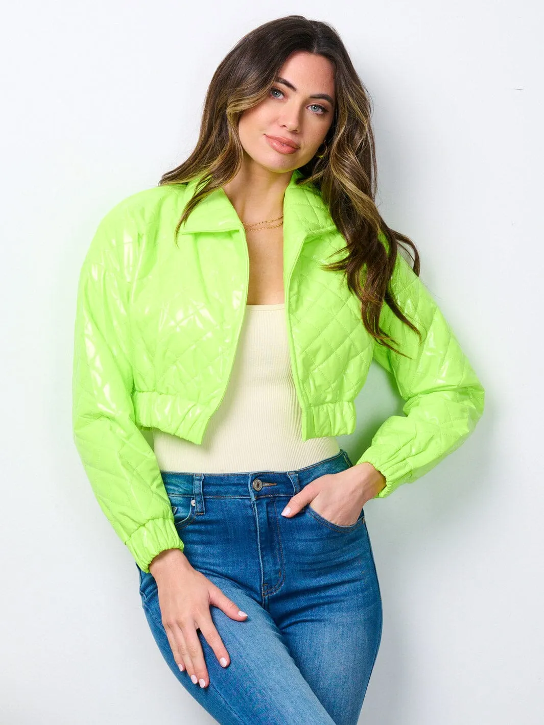 WOMEN'S LONG SLEEVE OPEN FRONT PU PLEATHER CROP JACKET
