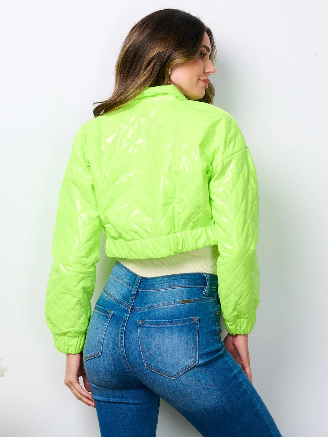 WOMEN'S LONG SLEEVE OPEN FRONT PU PLEATHER CROP JACKET