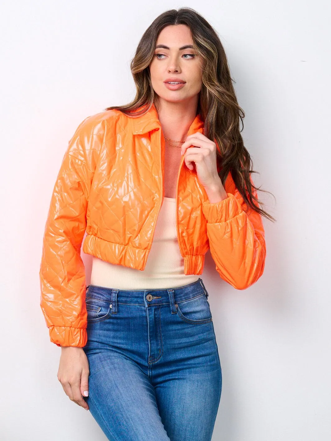 WOMEN'S LONG SLEEVE OPEN FRONT PU PLEATHER CROP JACKET
