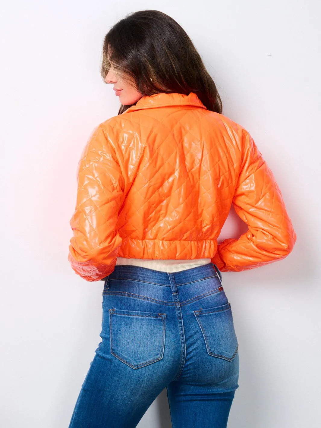 WOMEN'S LONG SLEEVE OPEN FRONT PU PLEATHER CROP JACKET