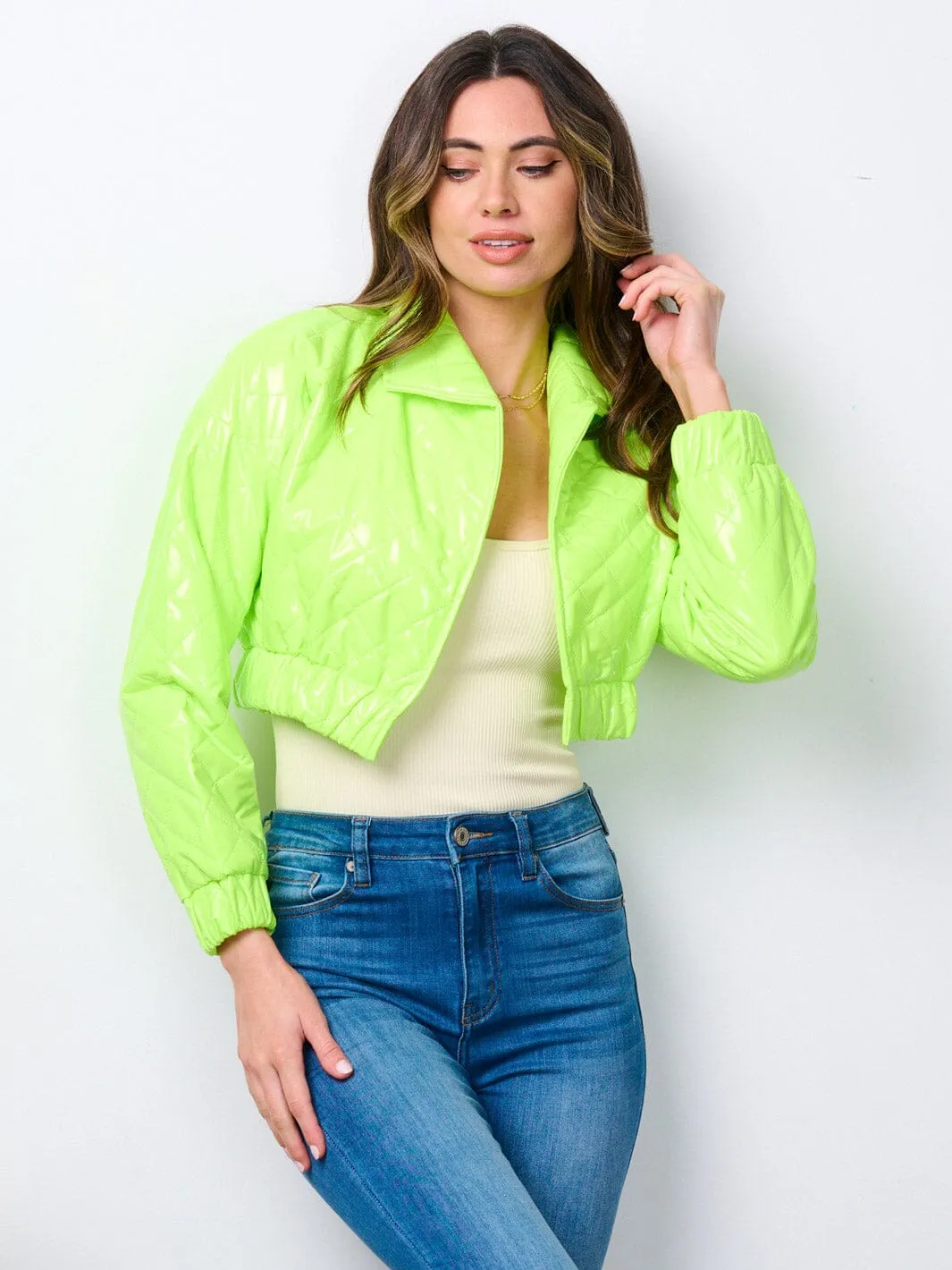WOMEN'S LONG SLEEVE OPEN FRONT PU PLEATHER CROP JACKET