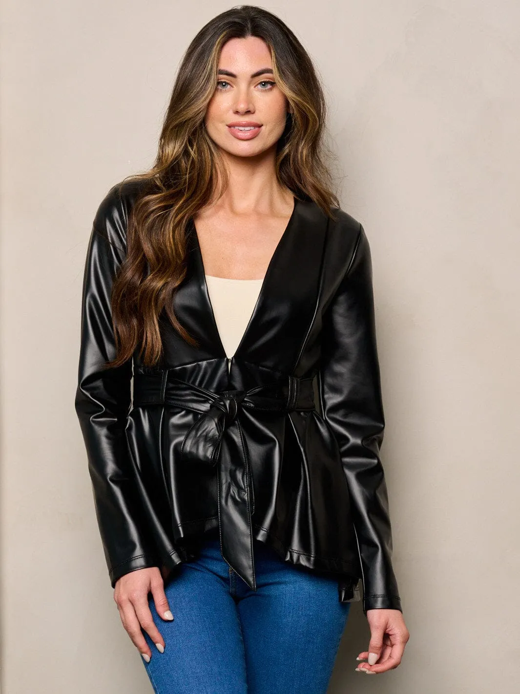 WOMEN'S LONG SLEEVES SELF TIE PEPLUM PU PLEATHER JACKET