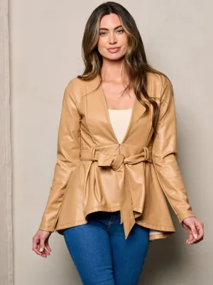 WOMEN'S LONG SLEEVES SELF TIE PEPLUM PU PLEATHER JACKET