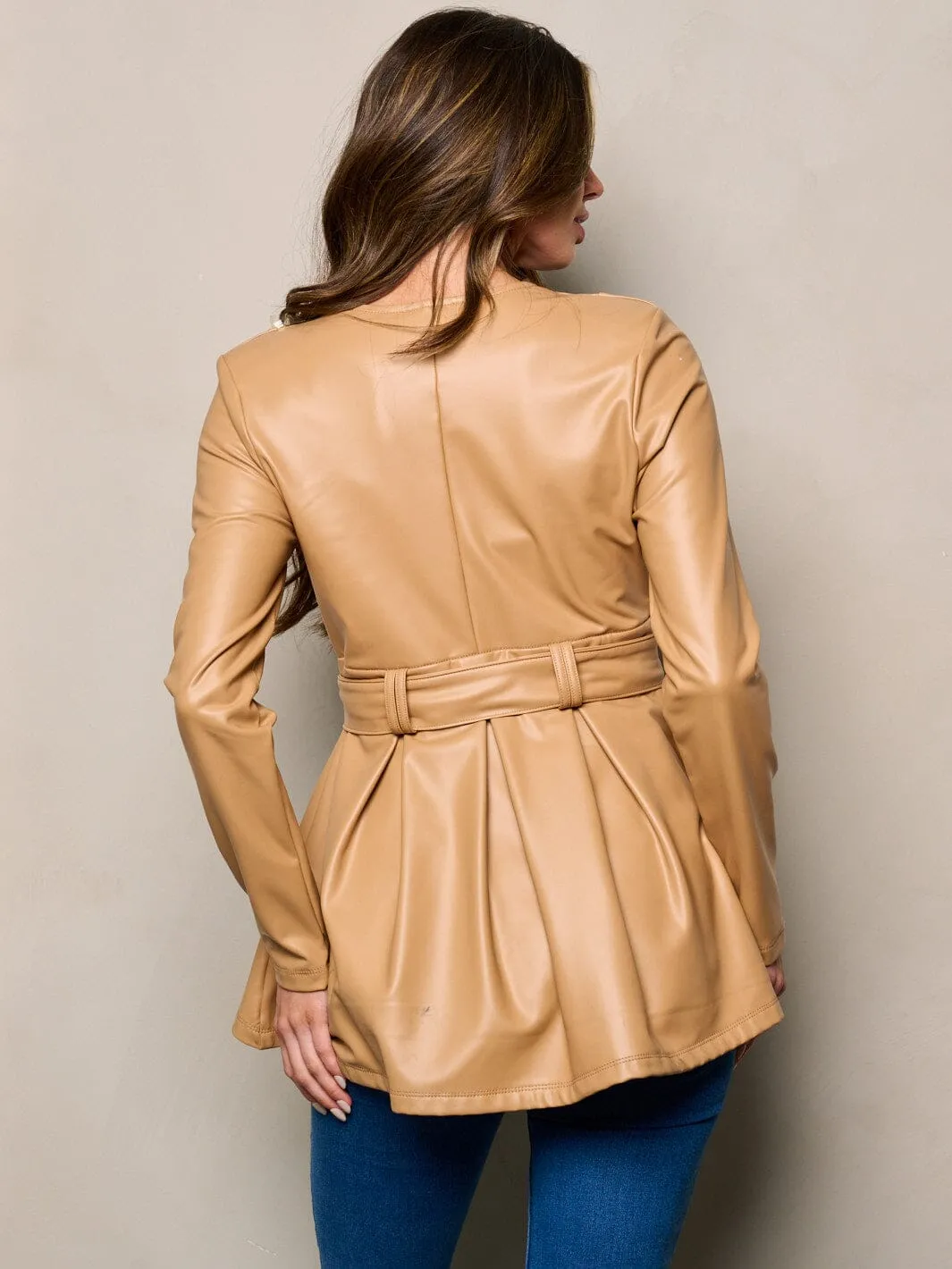 WOMEN'S LONG SLEEVES SELF TIE PEPLUM PU PLEATHER JACKET