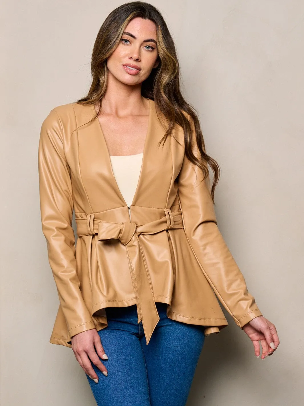 WOMEN'S LONG SLEEVES SELF TIE PEPLUM PU PLEATHER JACKET