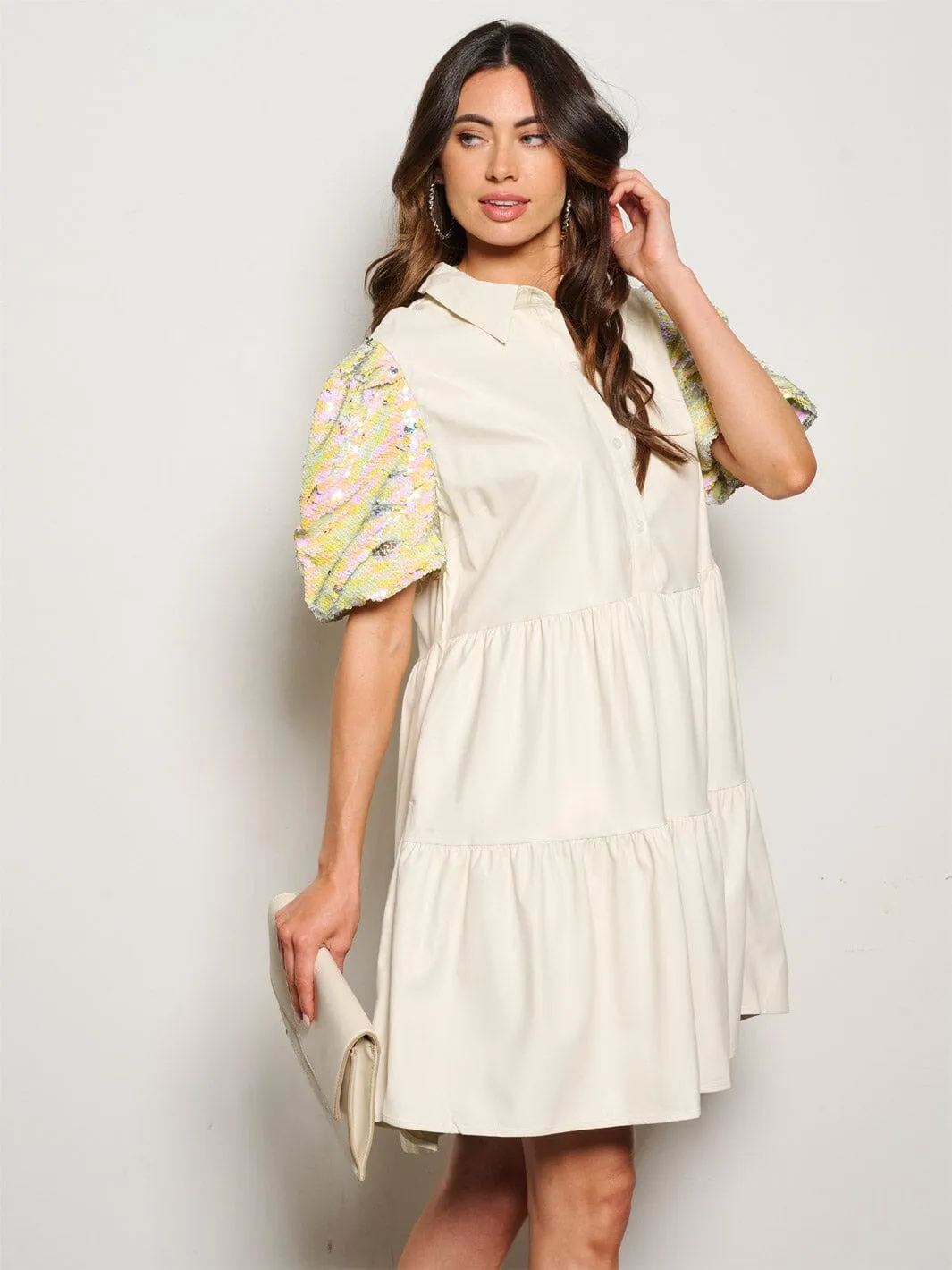 WOMEN'S SHORT SEQUINS SLEEVE POCKETS BUTTON UP PU PLEATHER MINI DRESS