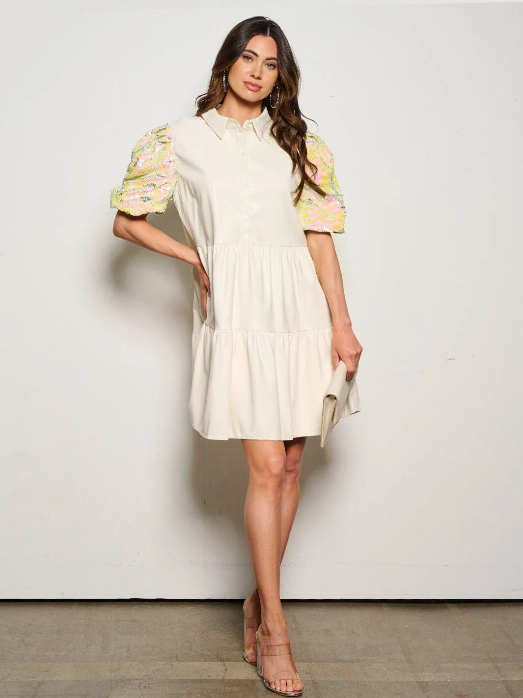 WOMEN'S SHORT SEQUINS SLEEVE POCKETS BUTTON UP PU PLEATHER MINI DRESS