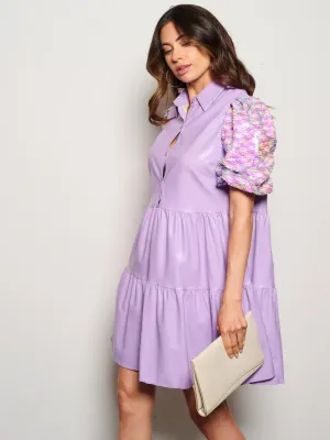 WOMEN'S SHORT SEQUINS SLEEVE POCKETS BUTTON UP PU PLEATHER MINI DRESS