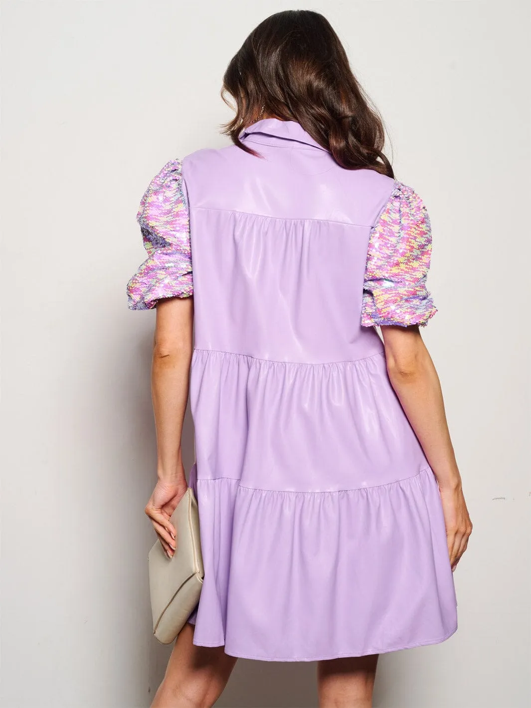 WOMEN'S SHORT SEQUINS SLEEVE POCKETS BUTTON UP PU PLEATHER MINI DRESS