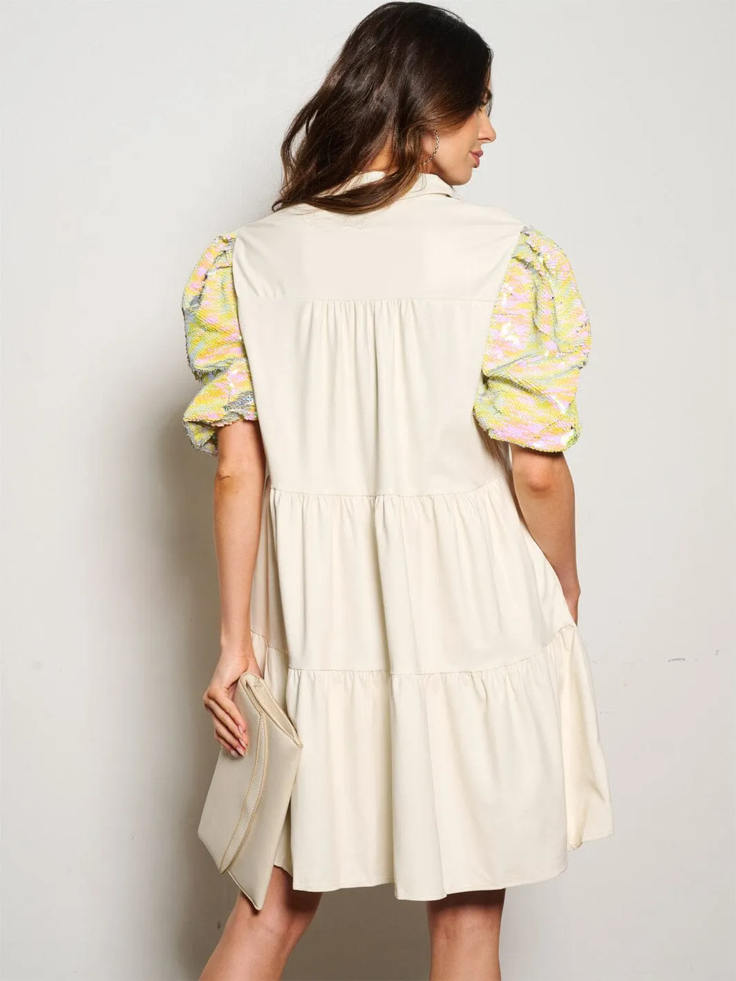 WOMEN'S SHORT SEQUINS SLEEVE POCKETS BUTTON UP PU PLEATHER MINI DRESS