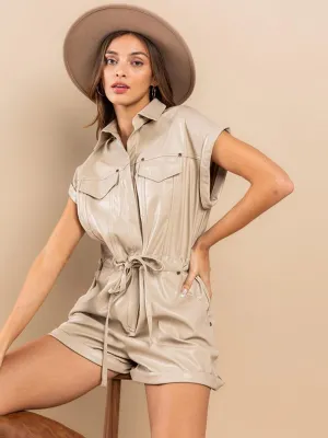 WOMEN'S SHORT SLEEVE POCKETS ZIP UP PU PLEATHER ROMPER