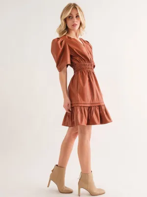 WOMEN'S SHORT SLEEVE V-NECK PU PLEATHER MINI DRESS