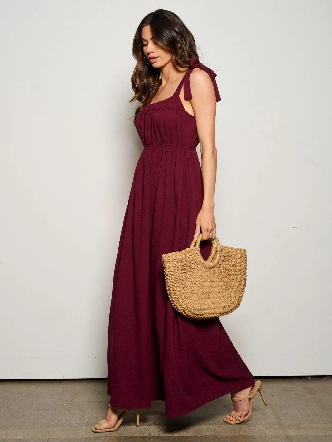 WOMEN'S SLEEVELESS ADJUSTABLE STRAPS POCKETS ELASTIC WASIT MAXI DRESS