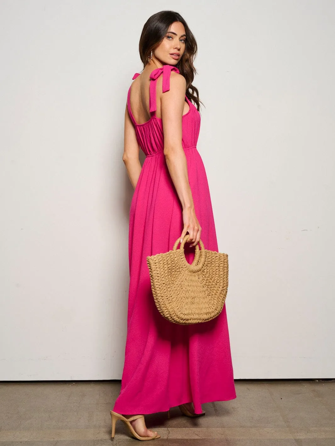 WOMEN'S SLEEVELESS ADJUSTABLE STRAPS POCKETS ELASTIC WASIT MAXI DRESS