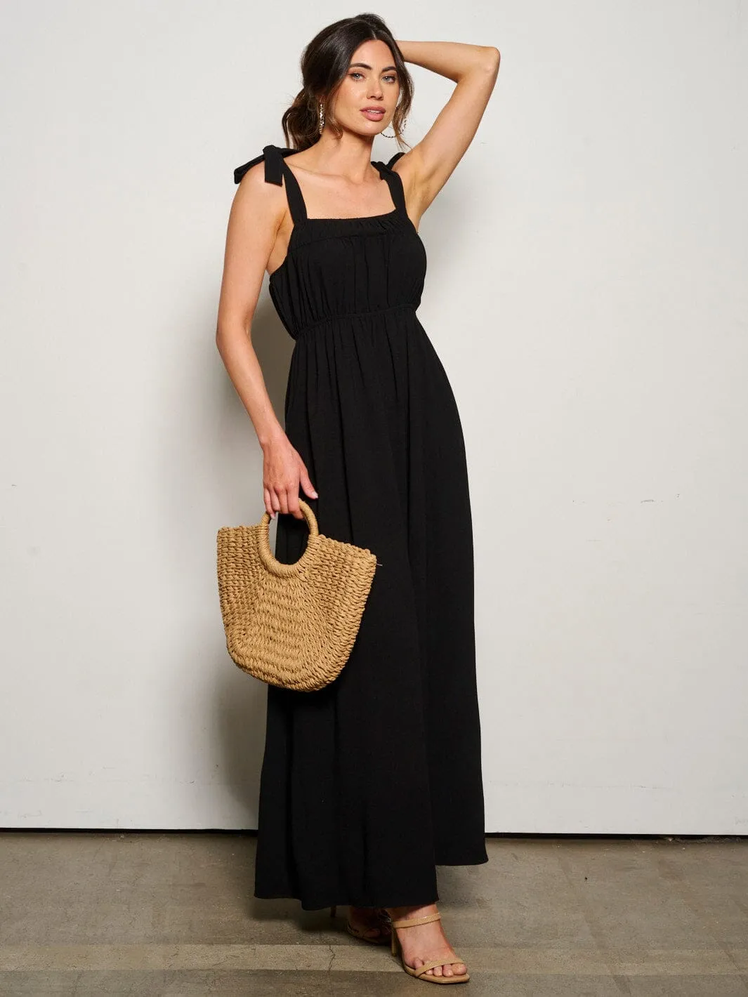 WOMEN'S SLEEVELESS ADJUSTABLE STRAPS POCKETS ELASTIC WASIT MAXI DRESS