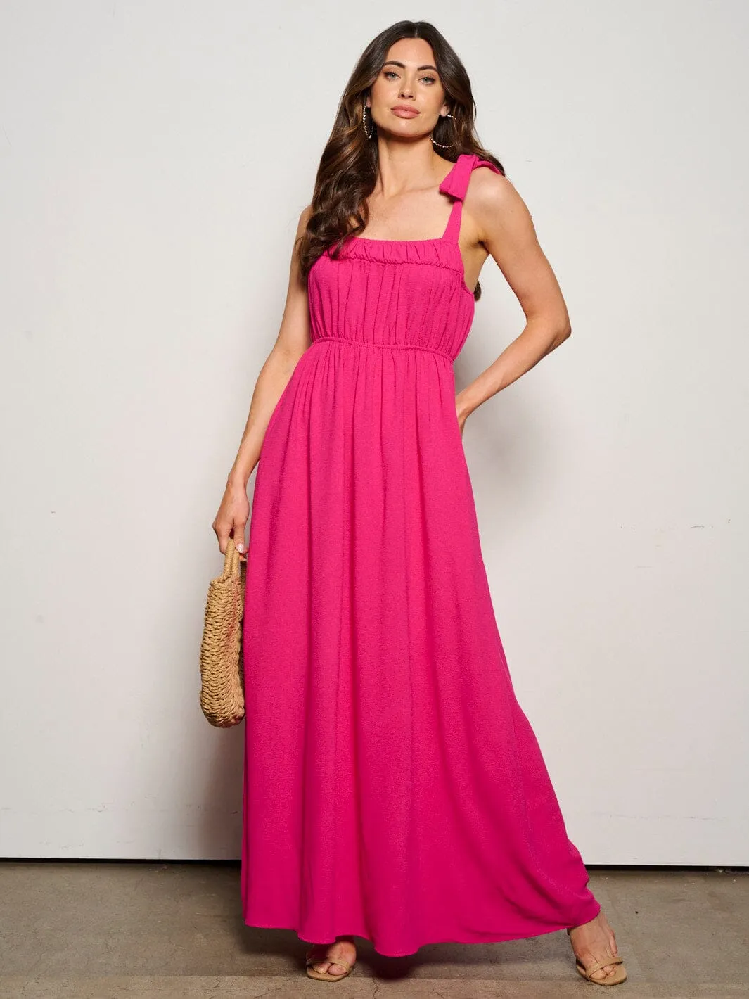 WOMEN'S SLEEVELESS ADJUSTABLE STRAPS POCKETS ELASTIC WASIT MAXI DRESS