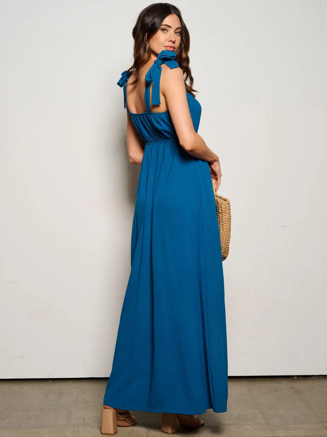 WOMEN'S SLEEVELESS ADJUSTABLE STRAPS POCKETS ELASTIC WASIT MAXI DRESS
