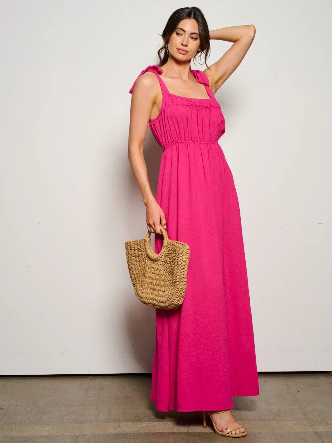 WOMEN'S SLEEVELESS ADJUSTABLE STRAPS POCKETS ELASTIC WASIT MAXI DRESS