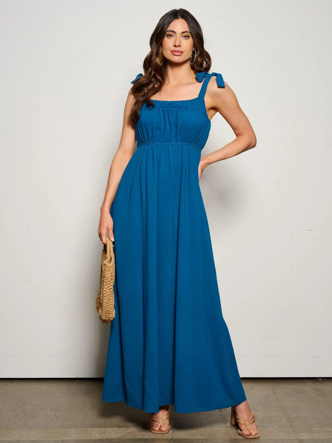 WOMEN'S SLEEVELESS ADJUSTABLE STRAPS POCKETS ELASTIC WASIT MAXI DRESS