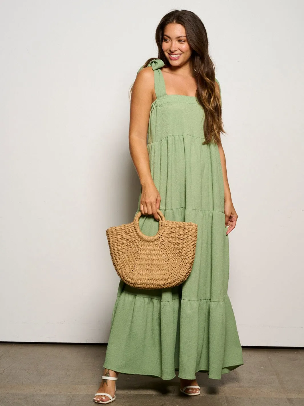 WOMEN'S SLEEVELESS ADJUSTABLE STRAPS POCKETS TIERED MAXI DRESS