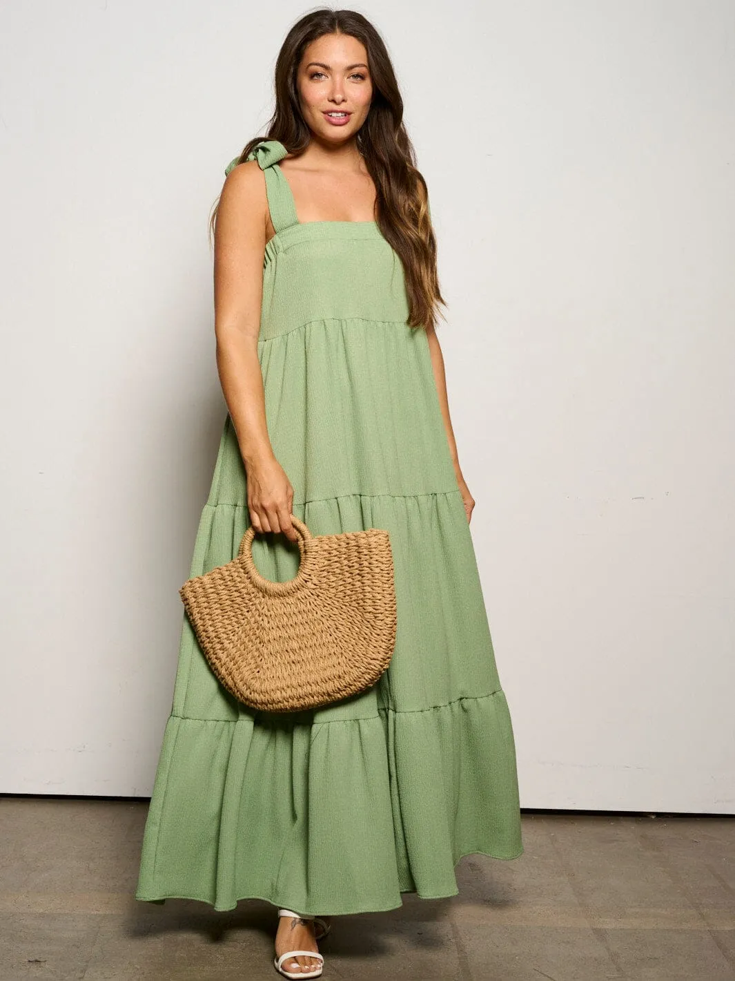 WOMEN'S SLEEVELESS ADJUSTABLE STRAPS POCKETS TIERED MAXI DRESS