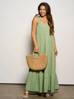 WOMEN'S SLEEVELESS ADJUSTABLE STRAPS POCKETS TIERED MAXI DRESS