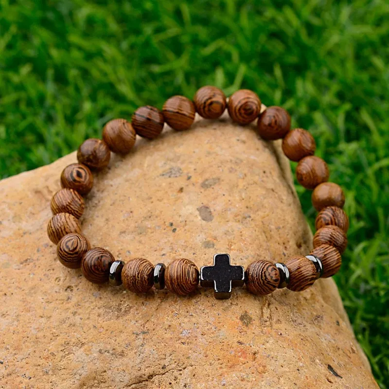 Wood Beads Cross Bracelets Onyx Meditation Prayer
