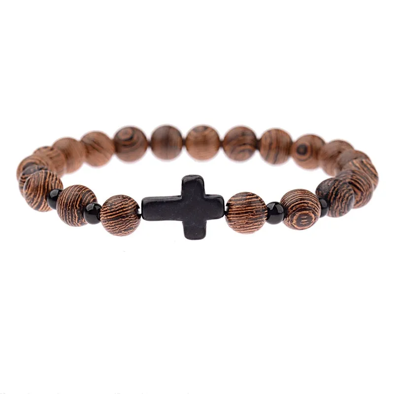 Wood Beads Cross Bracelets Onyx Meditation Prayer
