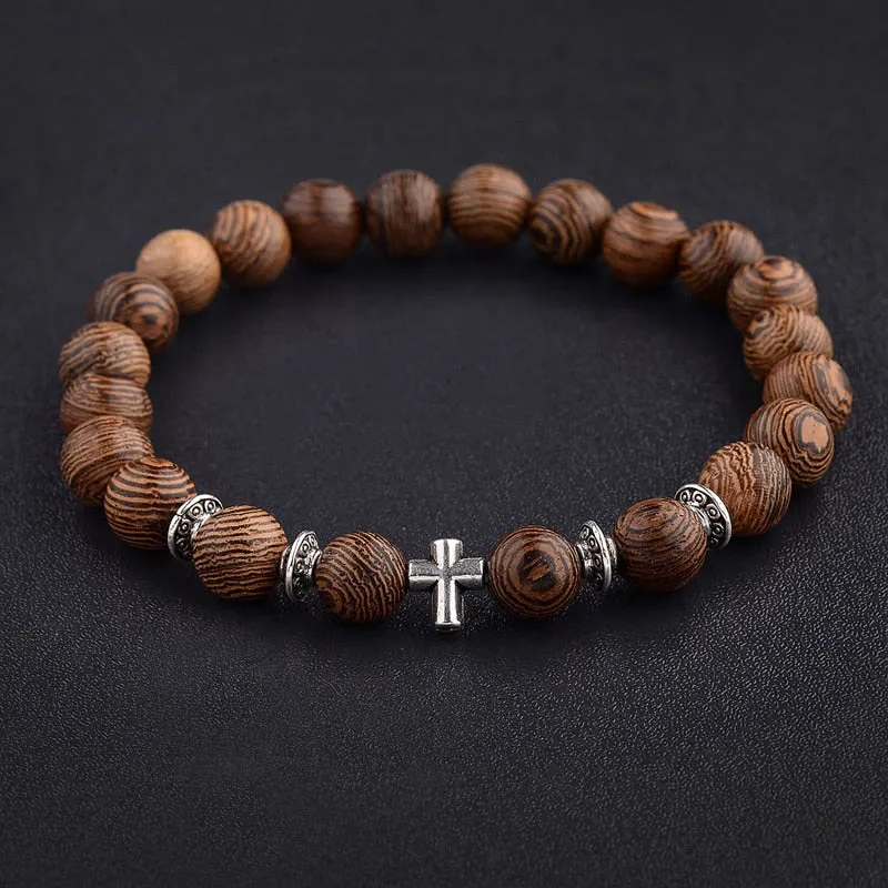Wood Beads Cross Bracelets Onyx Meditation Prayer