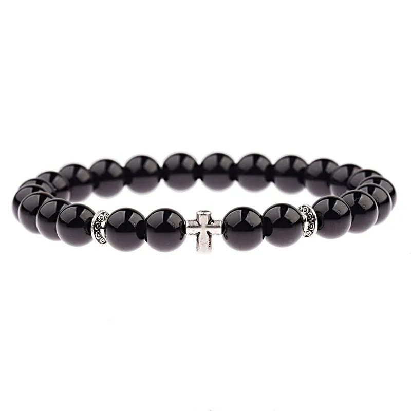 Wood Beads Cross Bracelets Onyx Meditation Prayer