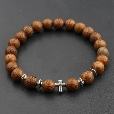 Wood Beads Cross Bracelets Onyx Meditation Prayer