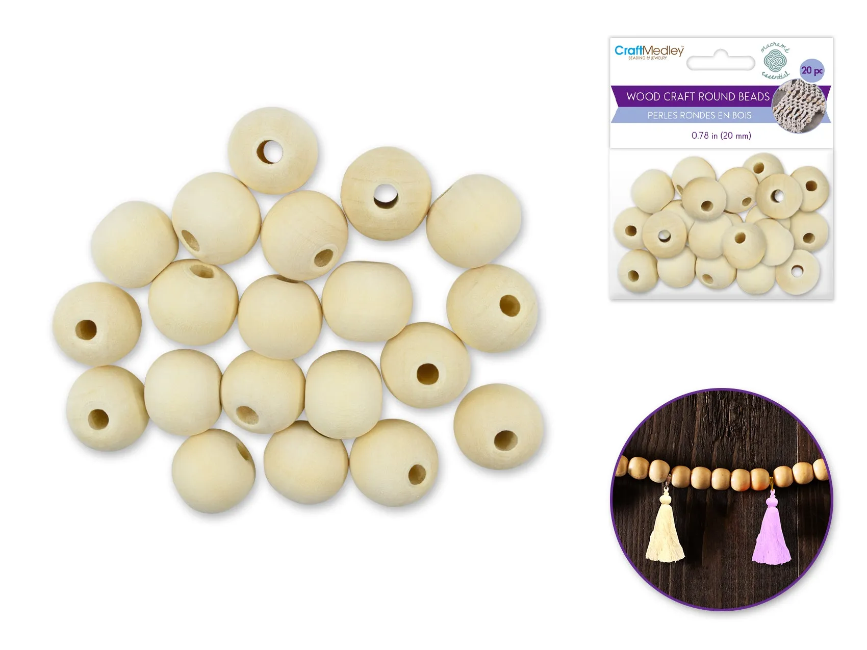 Wood Craft: Round Beads Natural F) 20mm 20pc