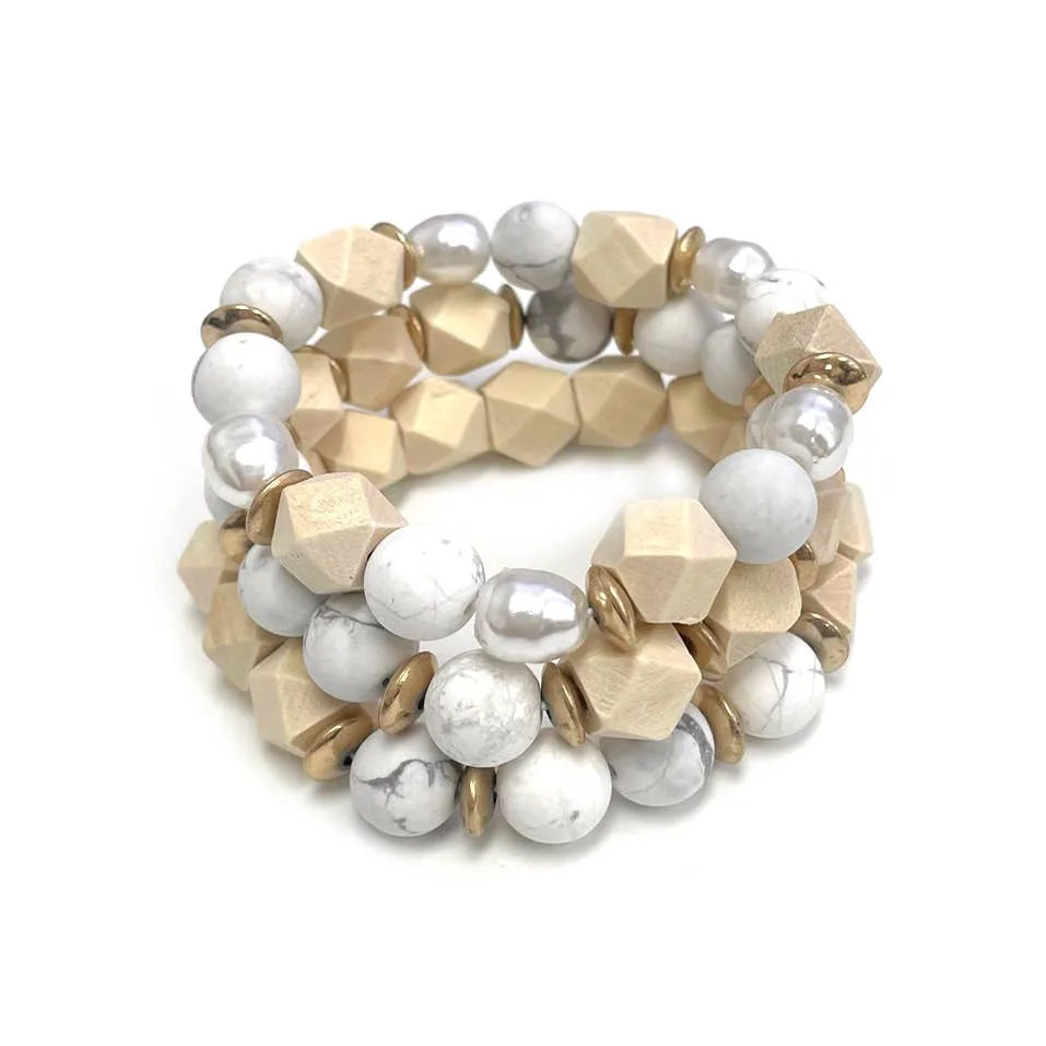 Wooden Bead Pearl Natural Stone Mixed Stretch Bracelets
