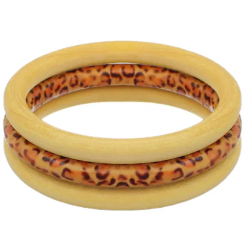 Yellow 3-Piece Wooden Cheetah Stacked Bracelets