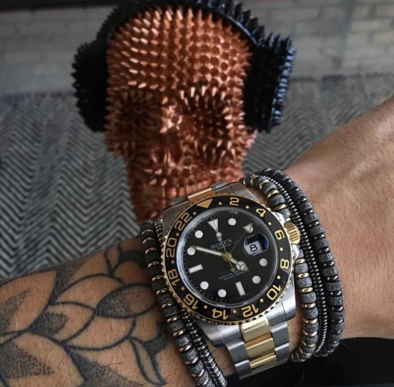 Yellow gold bracelet with black PVD beads (Unisex)